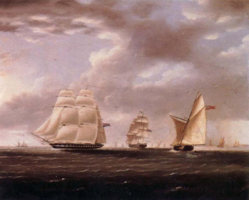Thomas Buttersworth Two British frigates and a yawl passing off a coast oil painting picture
